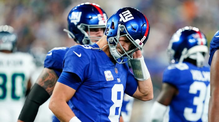 New York Giants quarterback Daniel Jones (8) walks off the field after failing to convert on downs in the first half against the Seattle Seahawks at MetLife Stadium on Monday, Oct. 2, 2023, in East Rutherford.